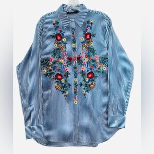Zara Women's Blue Striped Shirt with Floral Embroidery